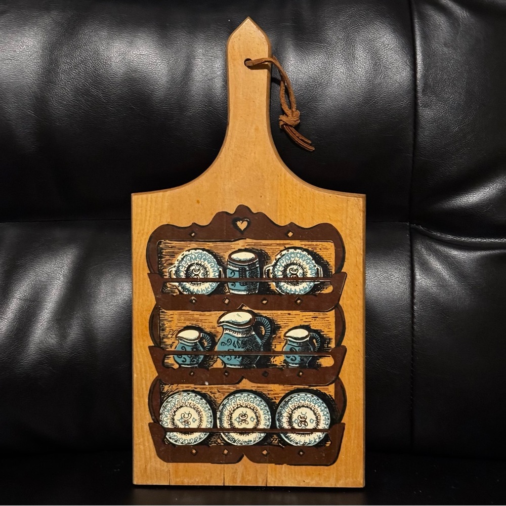 Vintage Folk Art Wooden Cutting Board with Blue and Brown Design 7x15